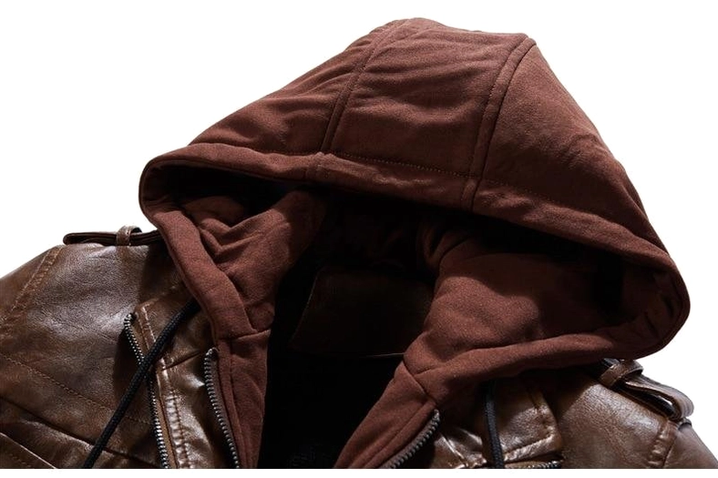 Close-up detail of hooded knit collar on brown faux leather gothic jacket