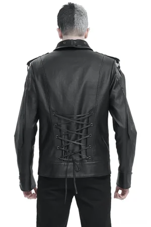 Lace-up corset back of black gothic jacket full-body rear view white background