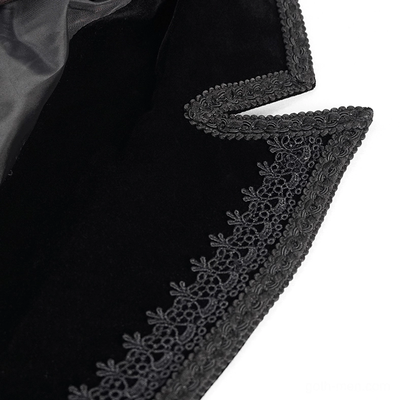 Close-up detail of black lace and velvet trim lapel with braided cord gothic embellishment