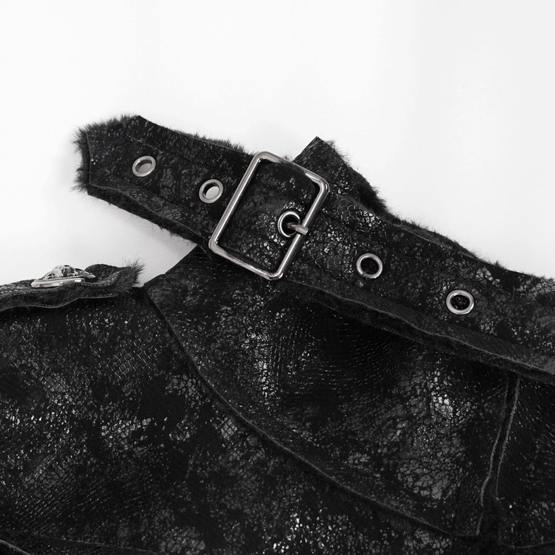 Close-up detail of metal square buckle and faux fur trim on gothic stand collar