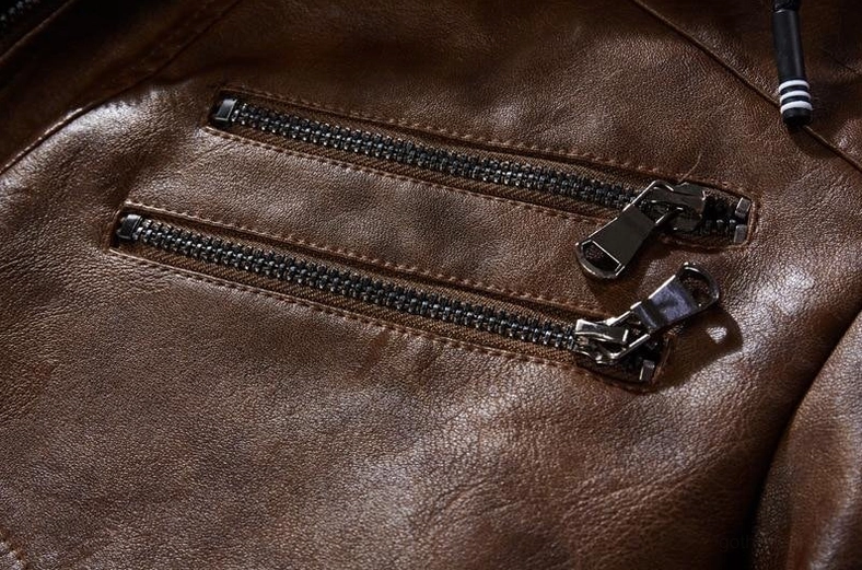 Dual metal zipper pocket detail on gothic faux leather biker jacket