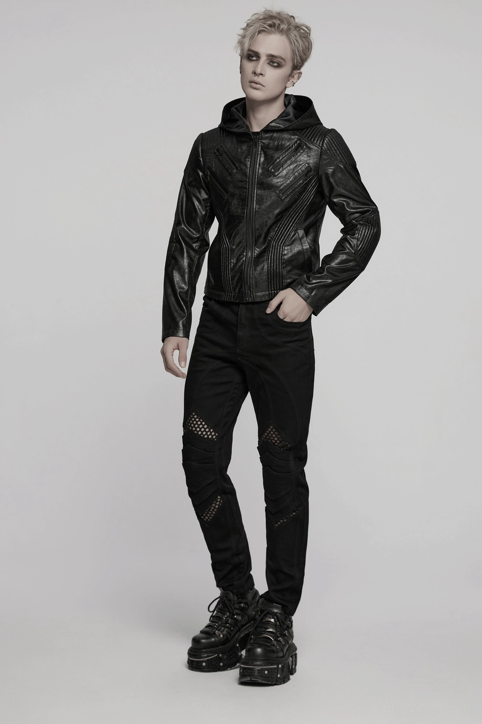Men's black gothic hooded faux leather long jacket dynamic movement view showing structured silhouette and fitted cut