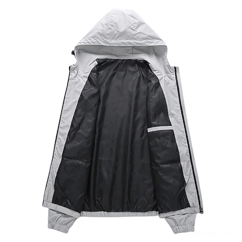 Gray gothic jacket interior close-up, showing padded lining and zipper storage
