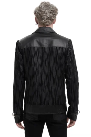 Rear view of black punk jacket with leather yoke panel and metal cuff hardware