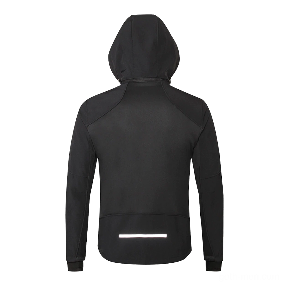 Gothic hooded jacket rear view displaying reflective strip and curved back hem design