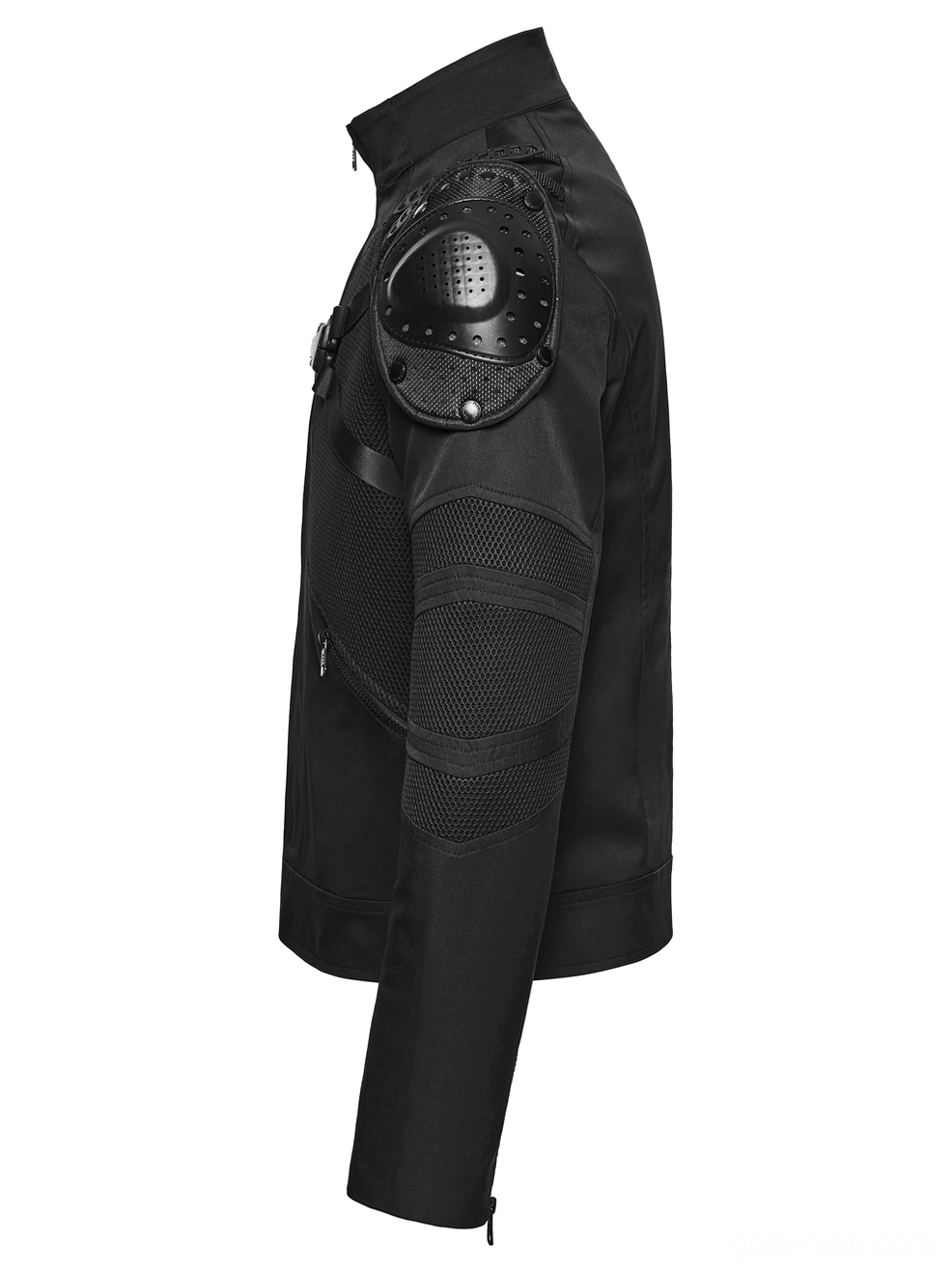 Black Gothic Tactical Jacket - Side View Highlighting Perforated Pauldrons and Zipper