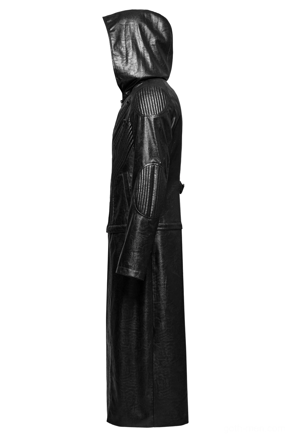 Men's black gothic hooded faux leather long jacket side profile view displaying hooded neckline and full-length hemline silhouette