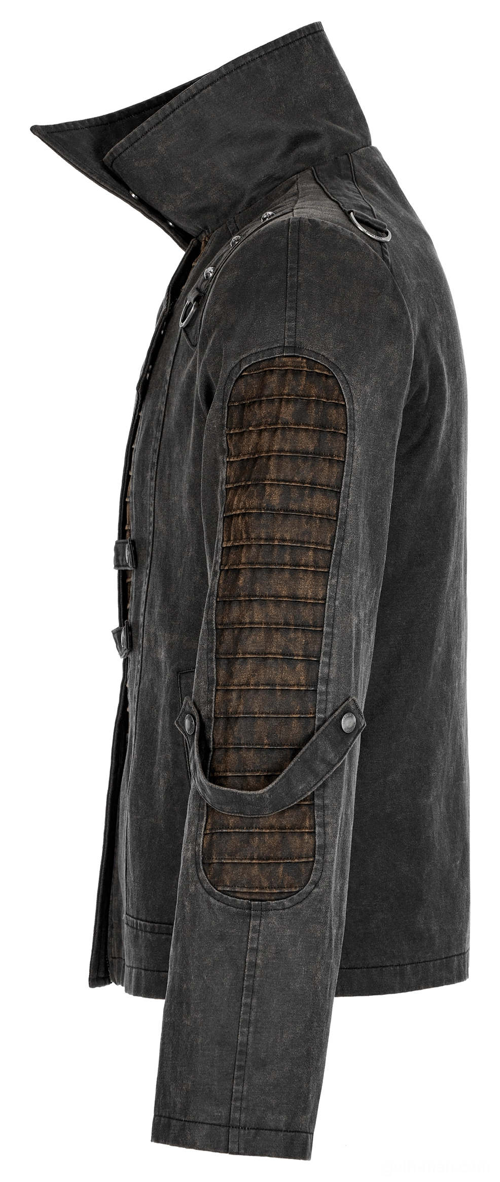 Side profile flat lay of distressed gothic leather jacket showing stand collar and textured sleeve panel