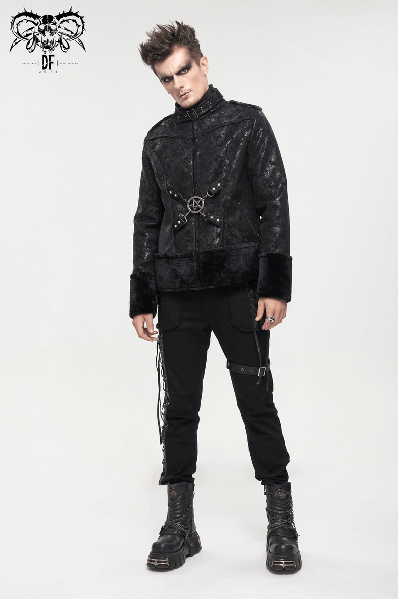 Side profile view of gothic jacket showing silhouette and faux fur details