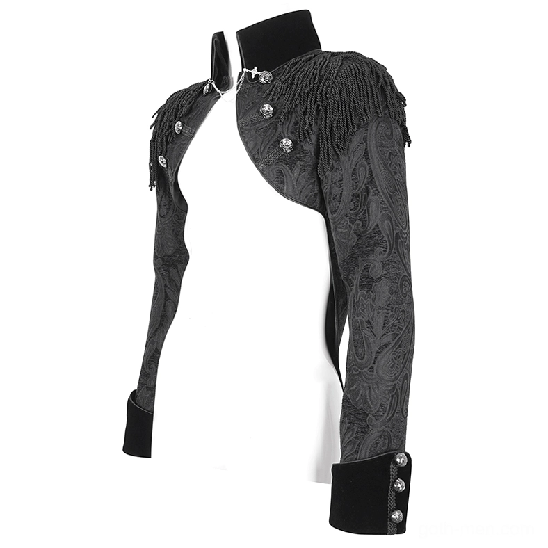 Side view of cropped gothic jacket showing paisley jacquard weave, velvet cuffs, and shoulder tassel details