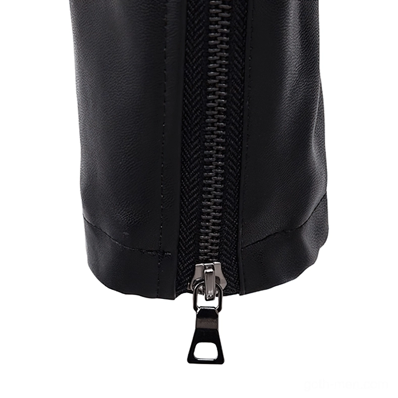 Close-up of black gothic jacket sleeve cuff with heavy-duty metal zipper closure