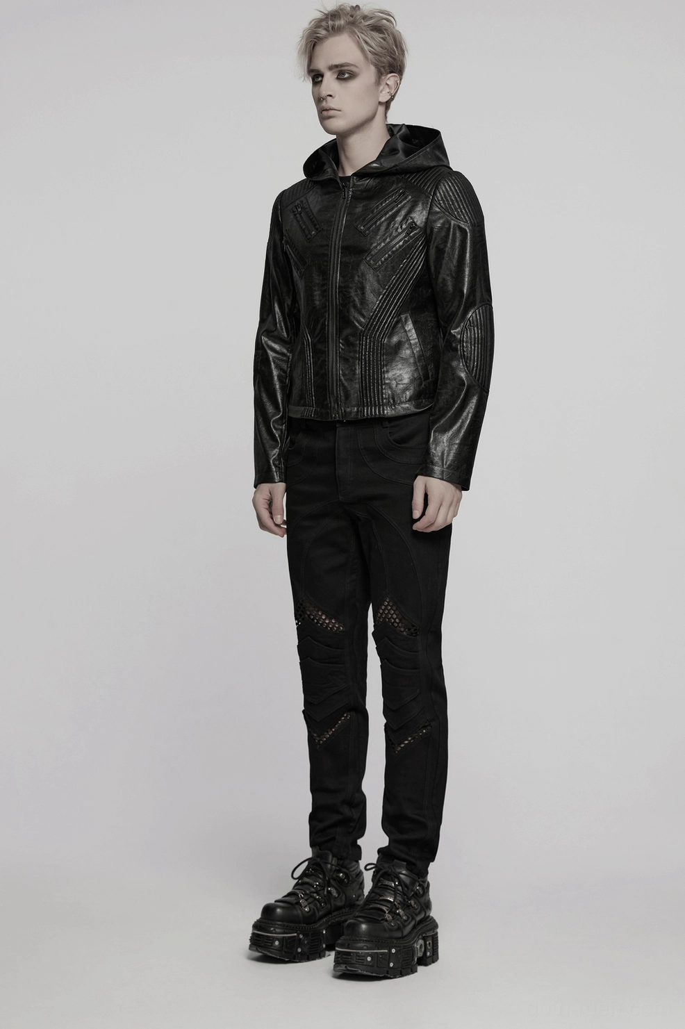 Men's black gothic hooded faux leather jacket sleeve detail showing tapered cut and quilted design precision