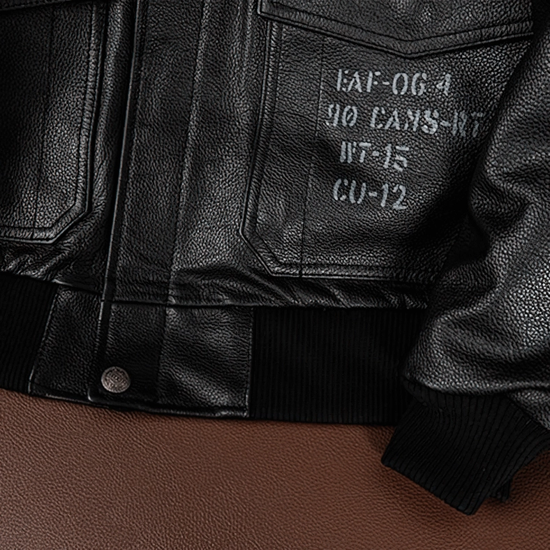 Gothic leather jacket detail view showing zipper sleeve pocket and embroidered patch craftsmanship