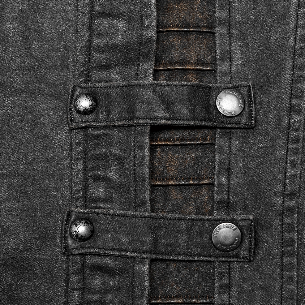 Extreme close-up of distressed gothic jacket metal snap buttons and layered brown woven fabric detail