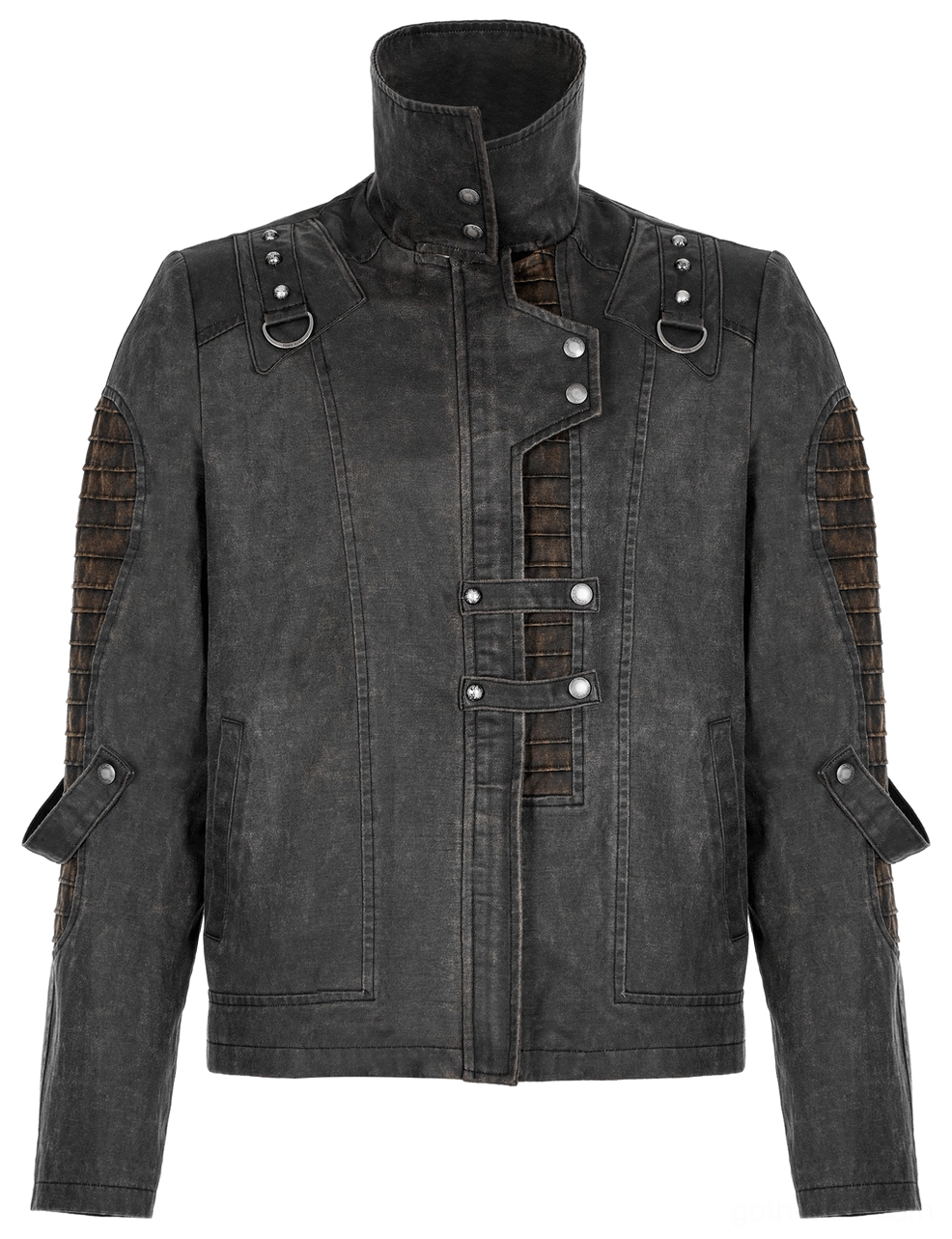 Asymmetric snap fastener detail on distressed gothic jacket with brown accent panel front view