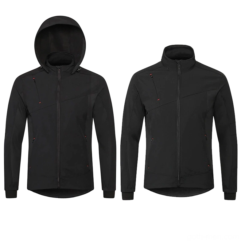 Comparison view of two black gothic jacket styles with hooded and stand collar options
