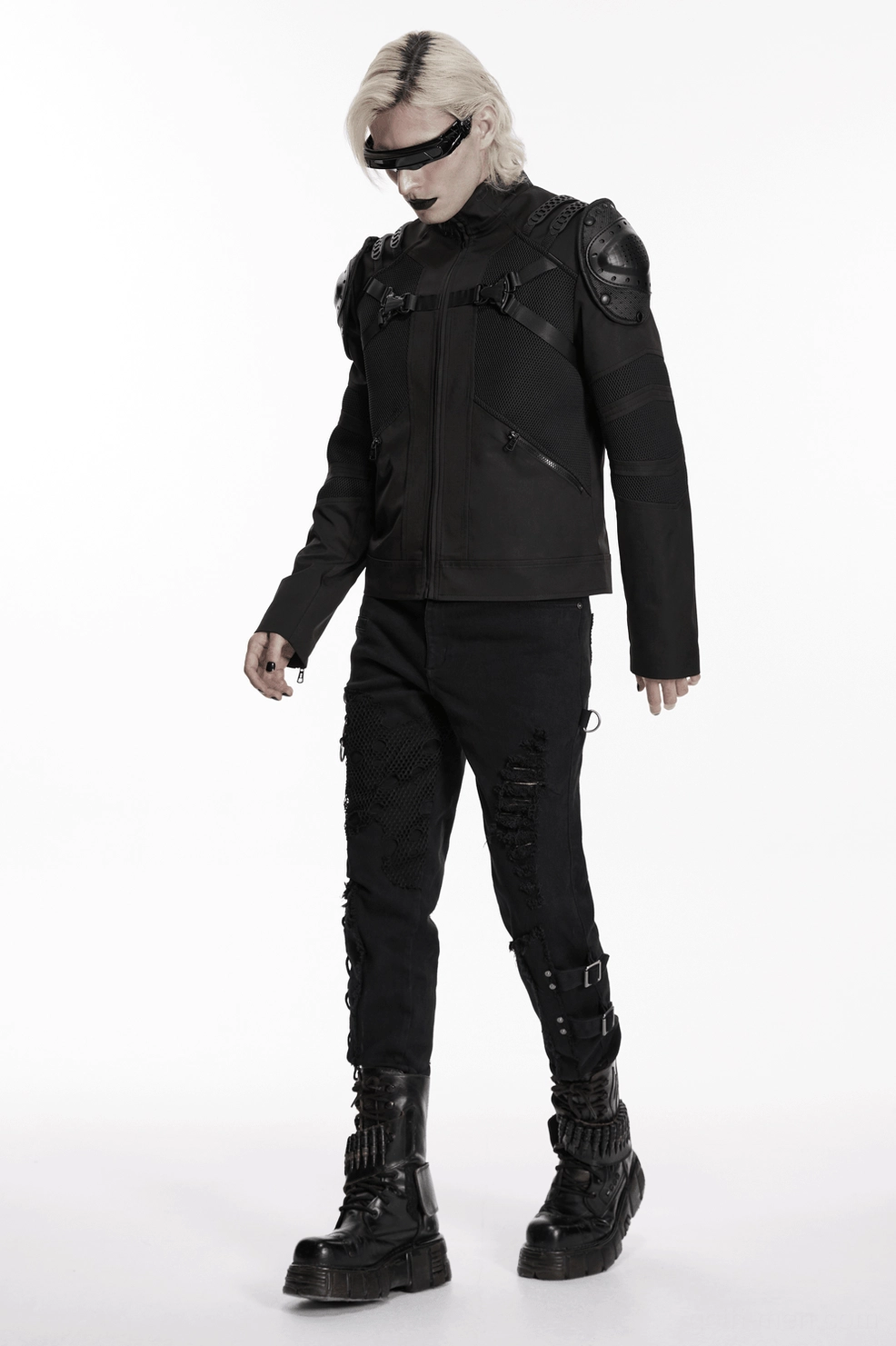 Black Gothic Tactical Jacket - Three-Quarter View Showing Fitted Cut and Pauldron Placement