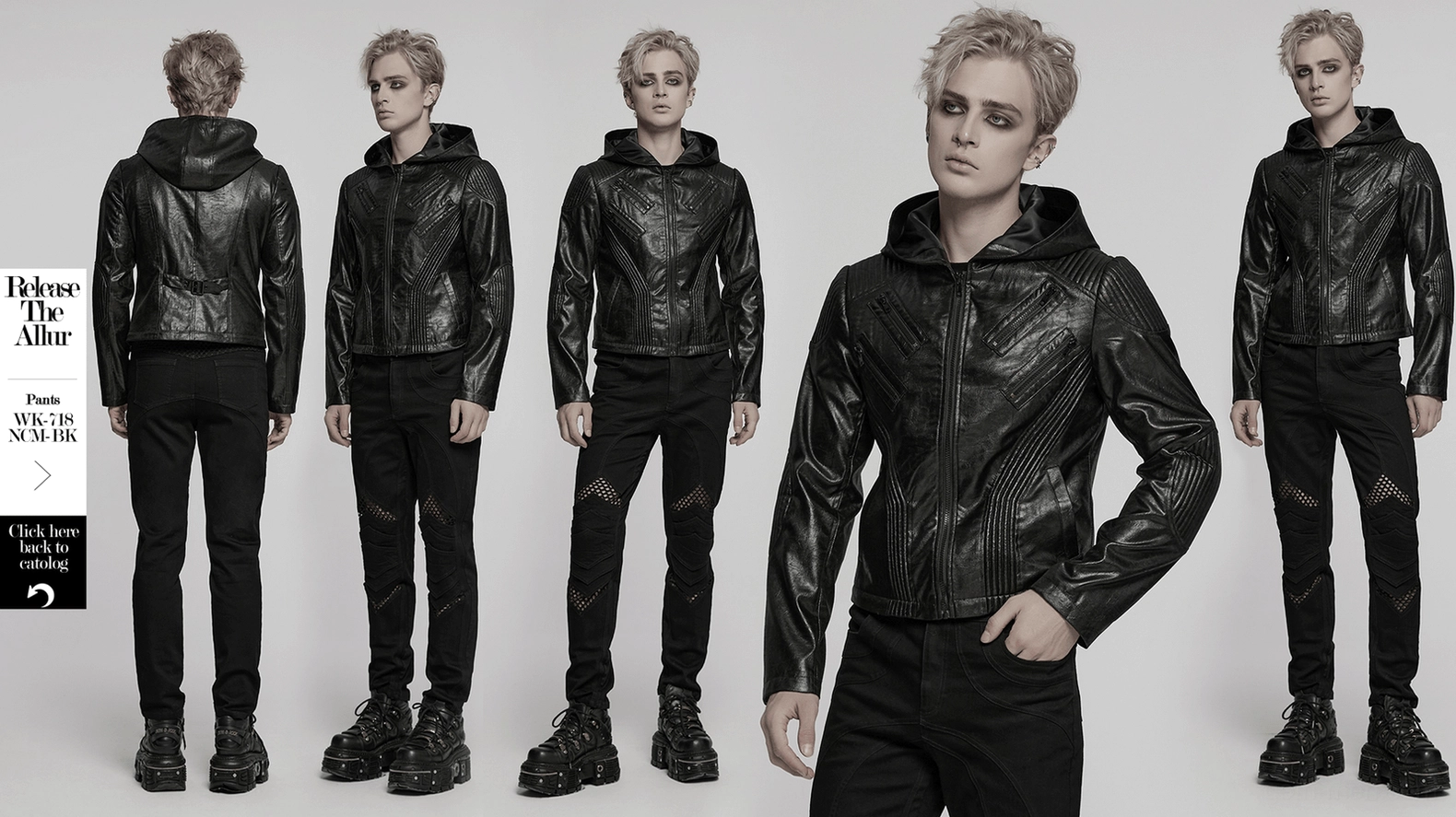 Men's black gothic hooded faux leather transformable jacket versatile styling as both full-length coat and cropped jacket