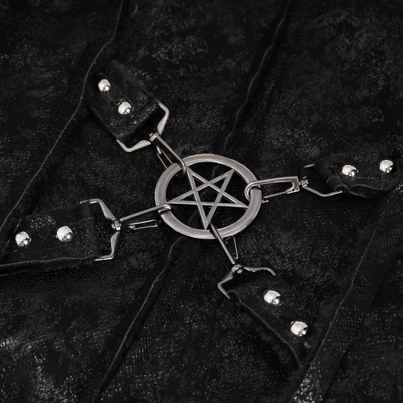 Wearing guide and styling detail of black gothic punk jacket with pentagram