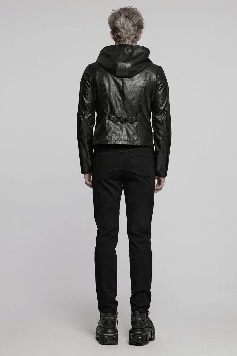 Men's black gothic hooded faux leather jacket worn styling view alternative punk gothic fashion aesthetic