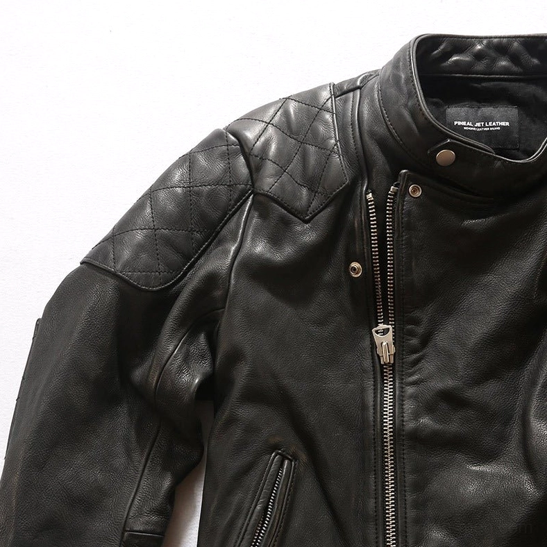 Black leather gothic biker jacket close-up front view showing stand collar and asymmetrical zipper closure