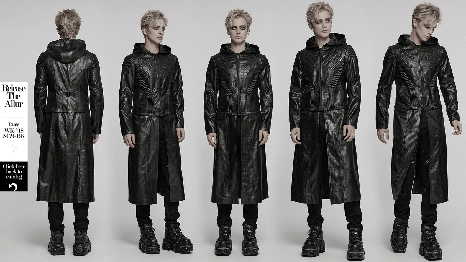 Men's black gothic hooded faux leather jacket zipper system detail showing diagonal construction and movement mechanism
