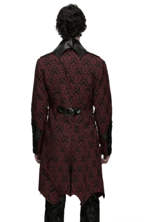Gothic burgundy jacquard coat back view showing jagged asymmetrical hem and waist belt detail