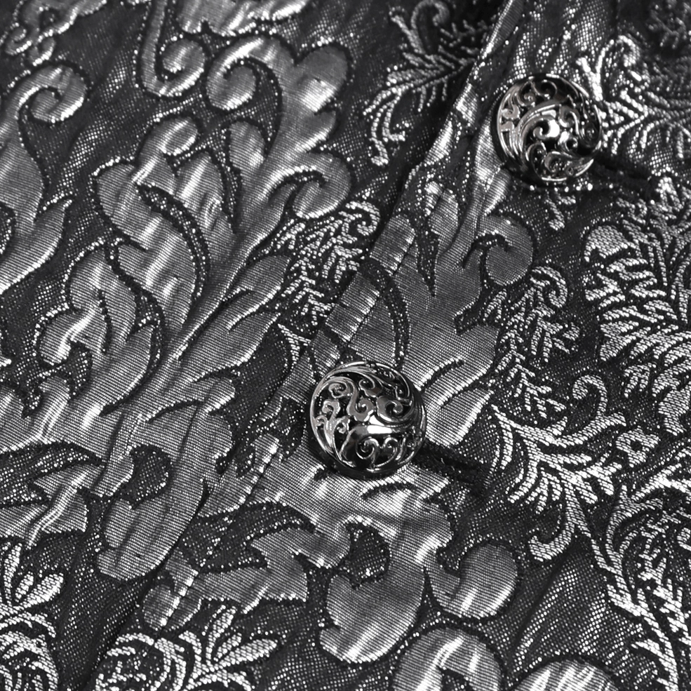 Black silver gothic waistcoat intricate jacquard damask pattern and lace embellishments texture focus