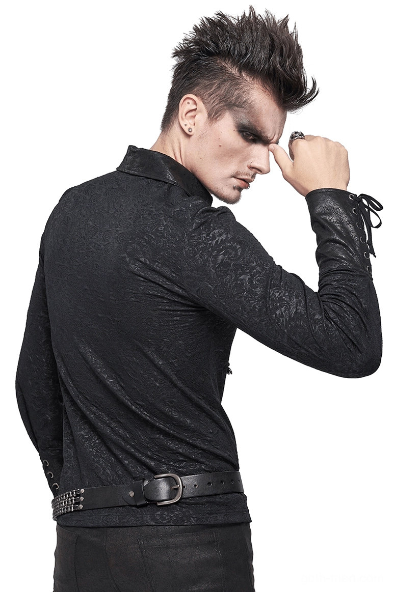 Black gothic lace-up shirt back three-quarter view showing slim fit silhouette and adjustable cuff straps