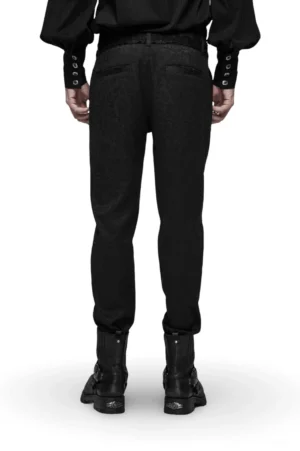 Black gothic jacquard lace slim-fit pants rear view showing back pockets and tapered legs
