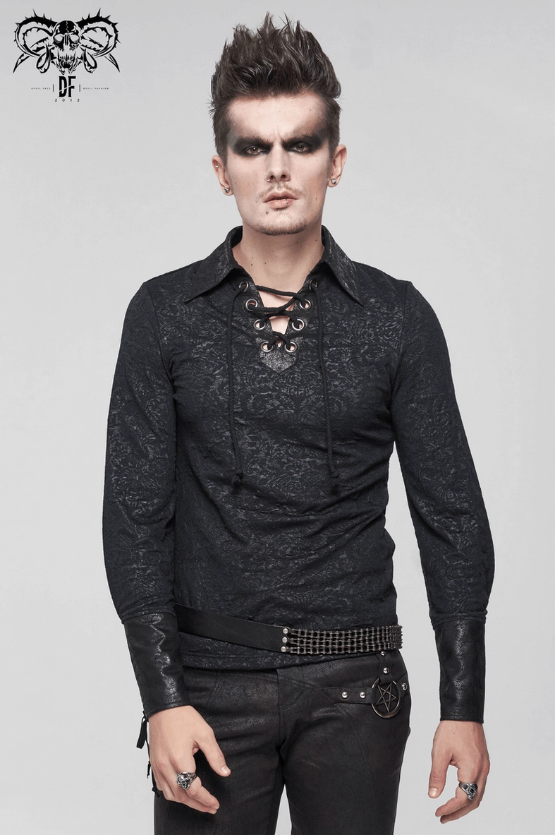 Black gothic lace-up jacquard dress shirt front view on male model wearing dark alternative fashion styling