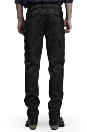Black jacquard lace-trim gothic slim pants back view worn by male model