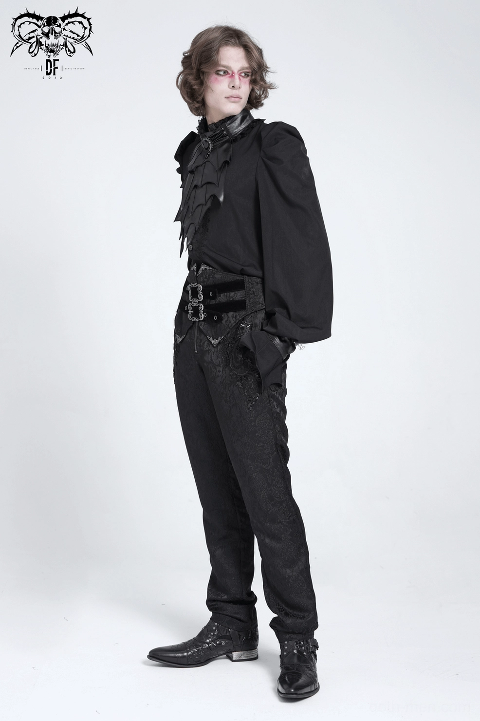 Men's Victorian gothic jacquard pants - fit preview showing how structured waist and tapered design creates dramatic silhouette