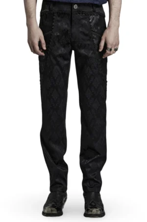 Black jacquard lace-trim gothic slim pants front view worn by male model