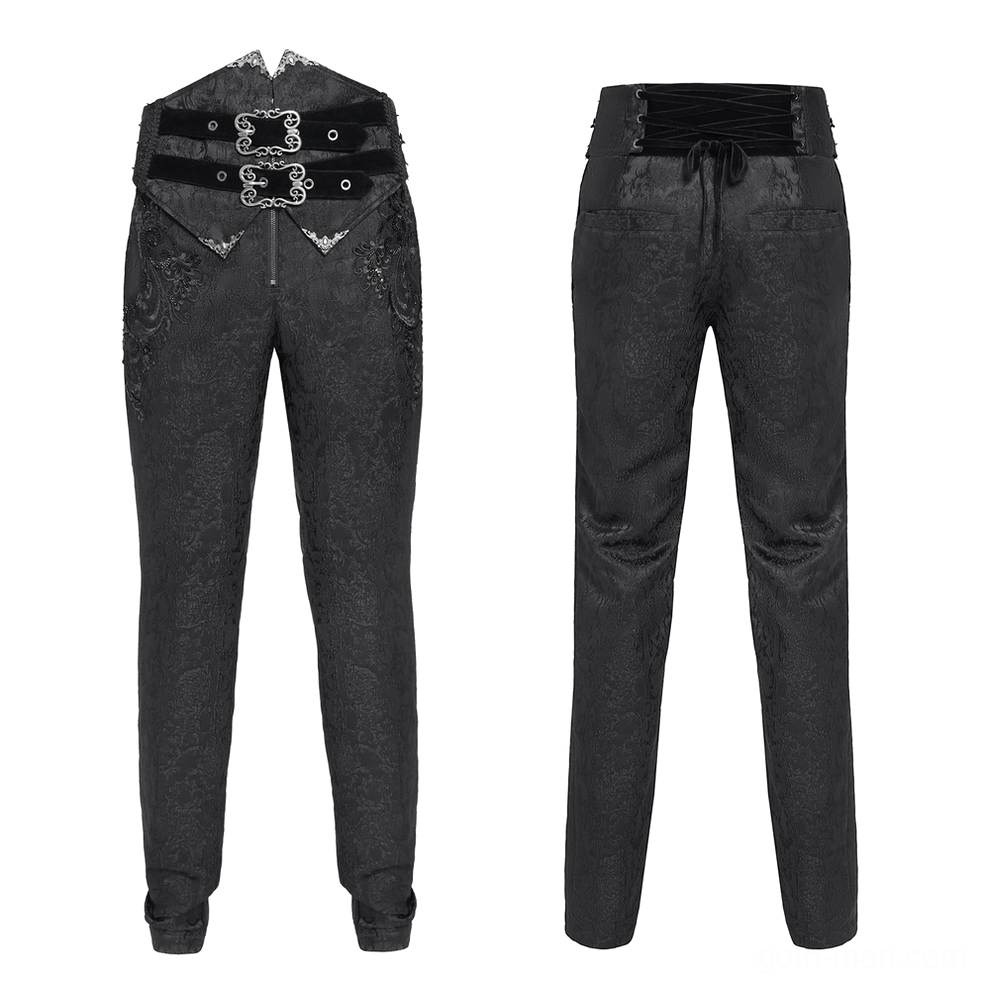 Black Victorian velvet corset jacquard pants with decorative metal buckles - front flat lay showing waist detail and embroidered seams