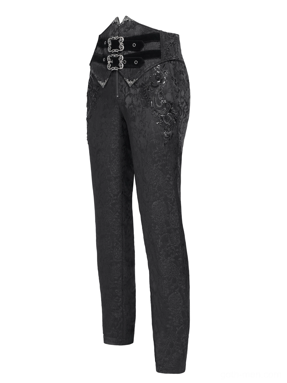 Men's gothic jacquard pants three-quarter side view - displaying tapered leg, decorative side seams, and tailored silhouette