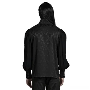 Gothic jacquard shirt rear view showing asymmetrical pointed hem and back jacquard pattern on model