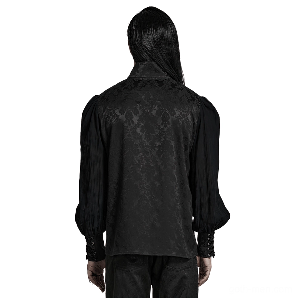 Gothic jacquard shirt rear view showing asymmetrical pointed hem and back jacquard pattern on model