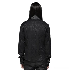 Gothic jacquard slim shirt back view showing full dragon satin fabric pattern, adjustable metal buckle cuffs on long sleeves