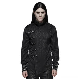 Gothic jacquard slim shirt with asymmetrical leather buckle placket worn by male model, front view showing floral dragon pattern and vertical collar