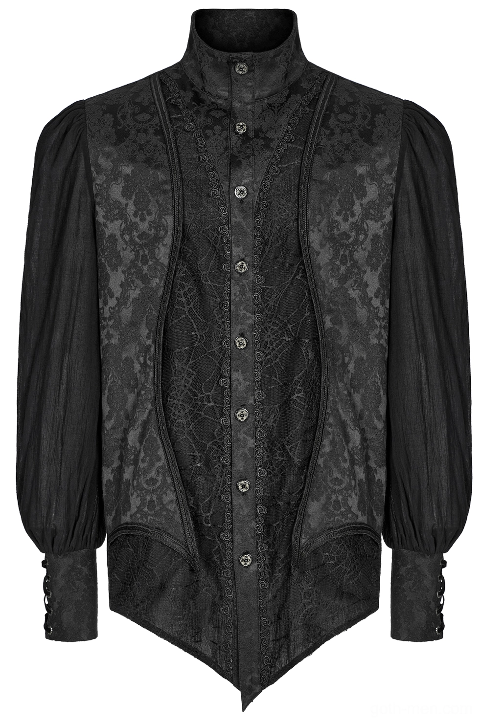 Flat lay front view of gothic jacquard button-up shirt showing stand collar and asymmetric pointed hemline