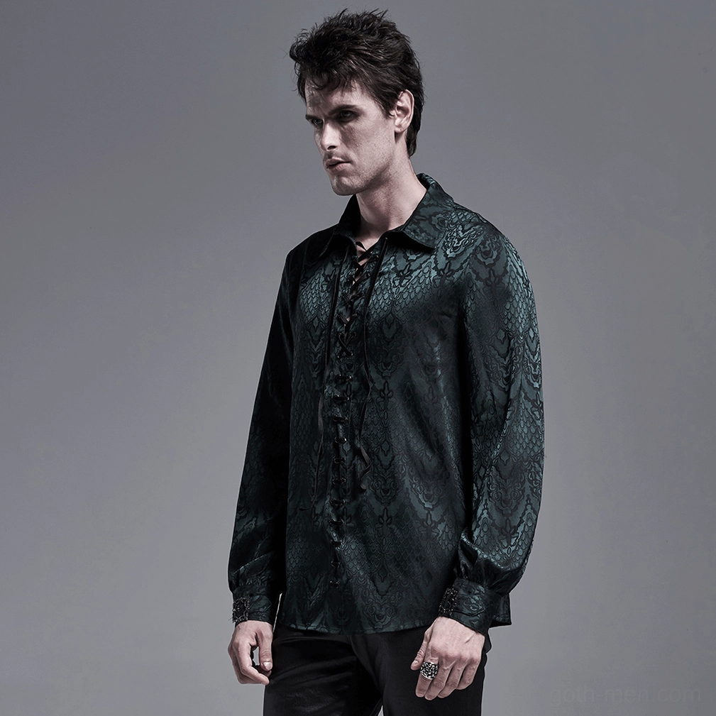 Front close-up view of Gothic Jacquard Shirt lace-up front and damask pattern in forest green tone