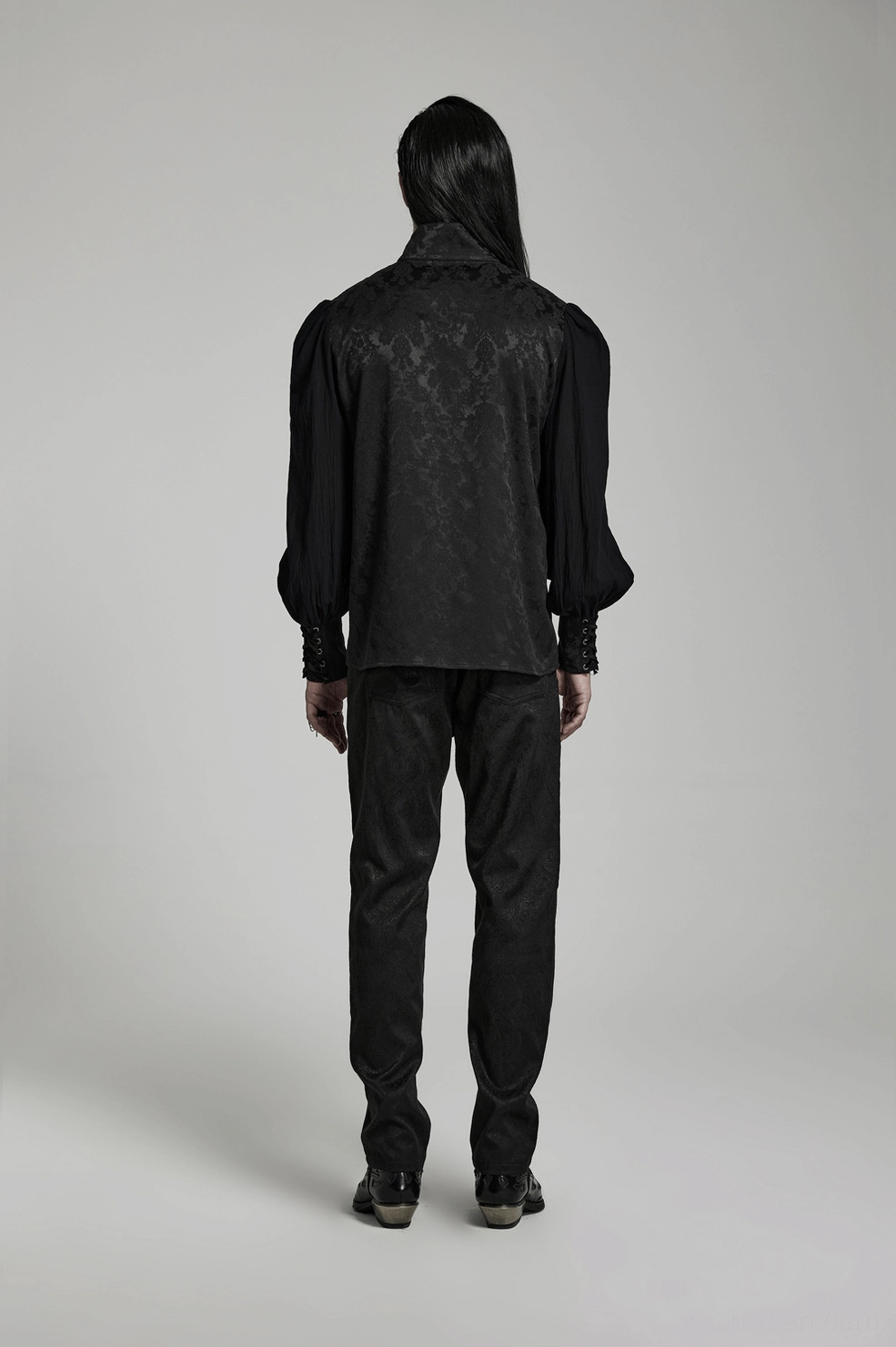 Full garment flat lay of vintage gothic jacquard button-up shirt displaying overall silhouette and design