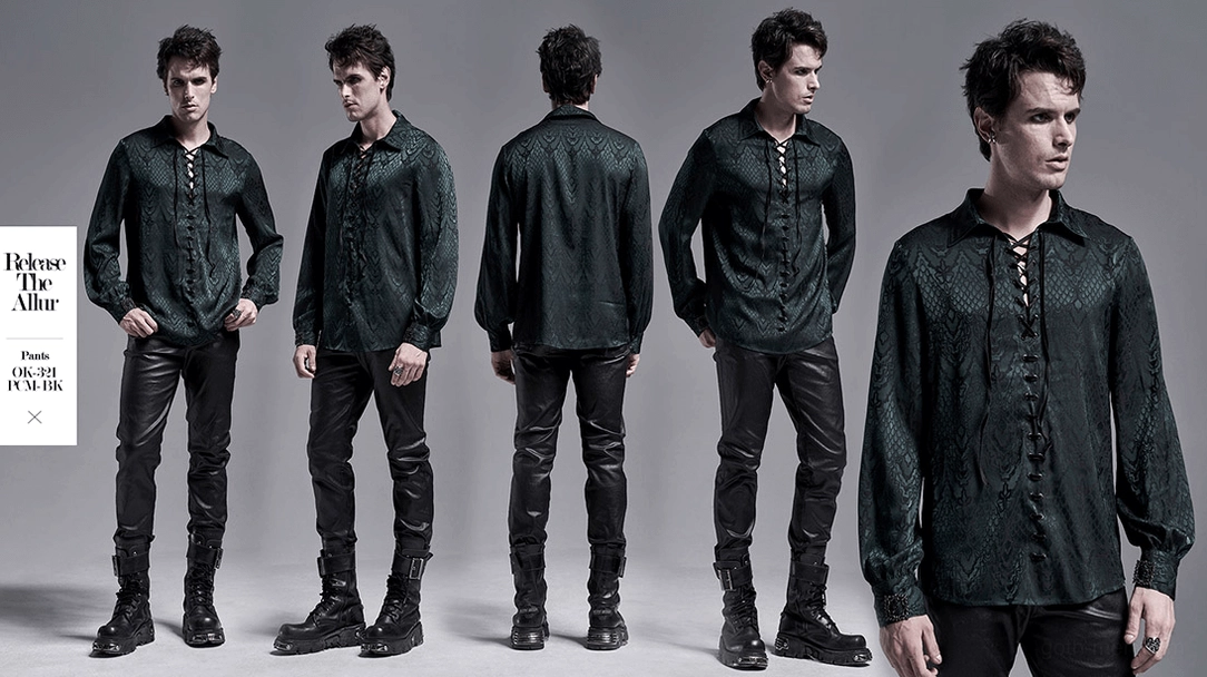 Full-length view of Gothic Jacquard Shirt featuring lace-up placket, metal buckle cuffs, and damask texture
