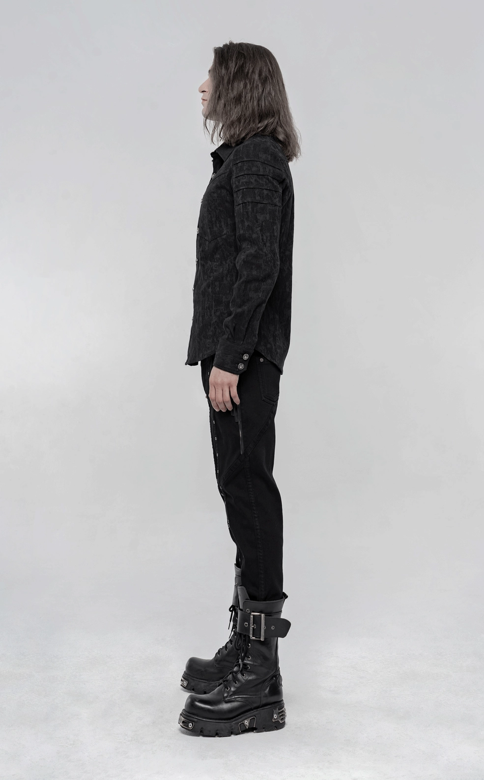 Black gothic long sleeve shirt - lifestyle styling with skull buttons and slim-fit silhouette