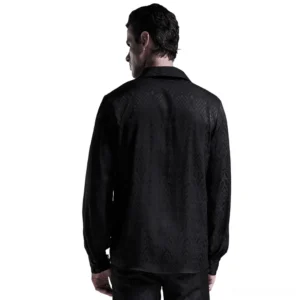 Black gothic jacquard men's shirt rear view showing tailored fit and woven damask texture