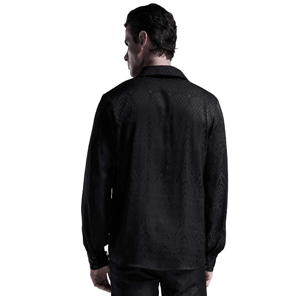 Black gothic jacquard men's shirt rear view showing tailored fit and woven damask texture