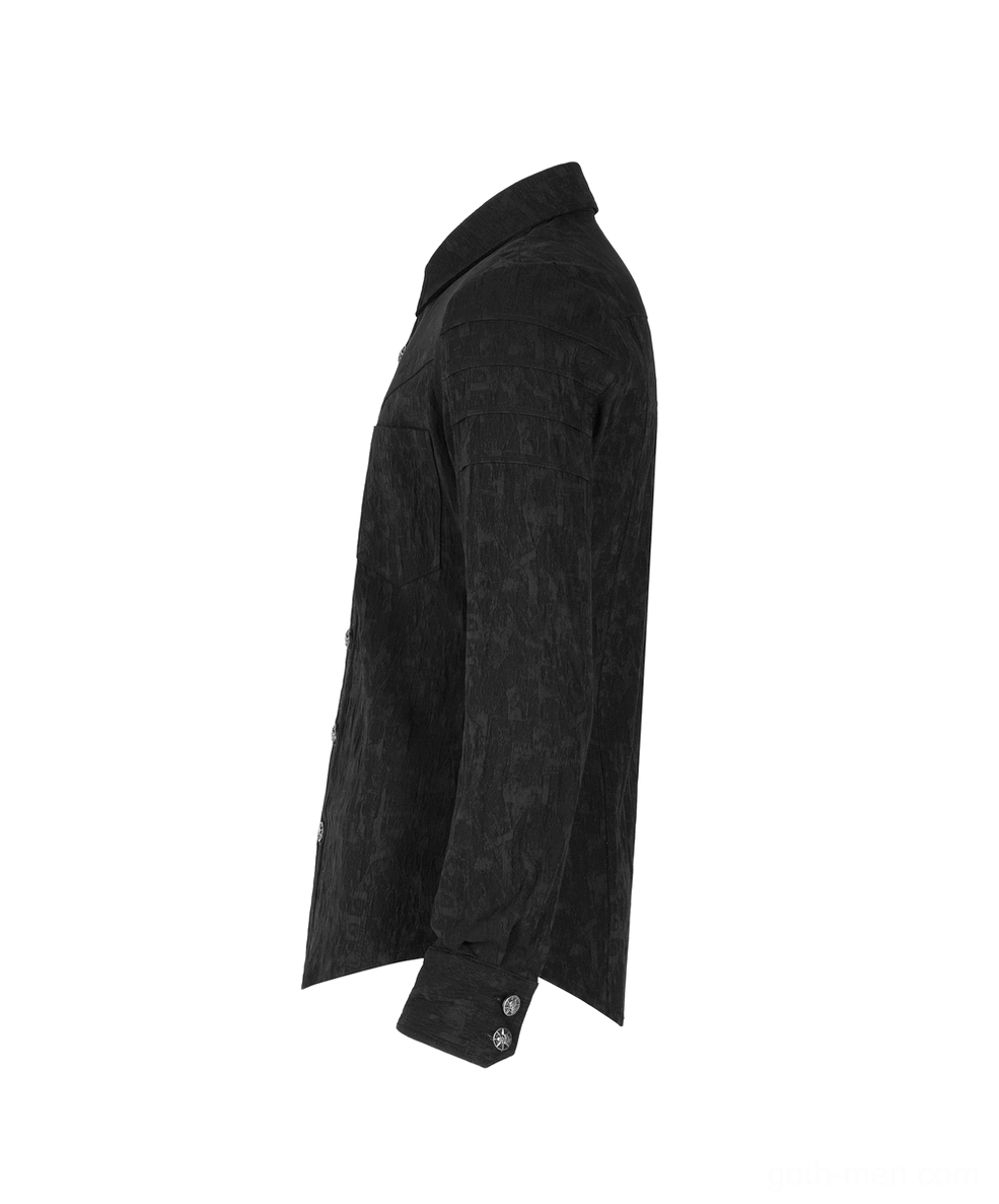 Black gothic long sleeve shirt - side profile showing fitted sleeves and adjustable cuff fasteners