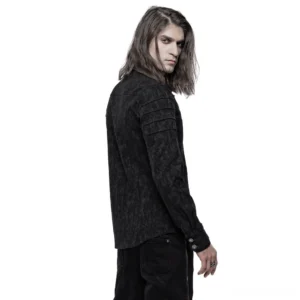 Black gothic jacquard dress shirt - side rear three-quarter view showing cuff details and textured weave