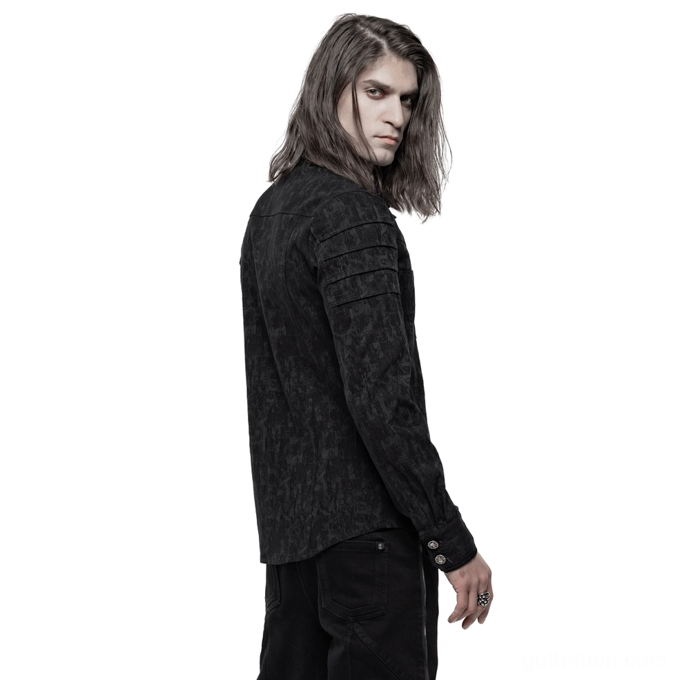 Black gothic jacquard dress shirt - side rear three-quarter view showing cuff details and textured weave